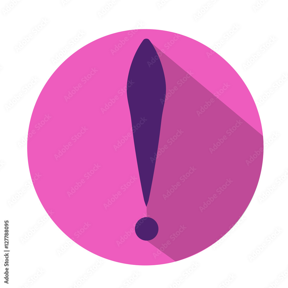 Exclamation mark in hot pink circle with long shadow. Vector icon. Flat design style Exclamation mark in hot pink circle with long shadow. Vector icon. Flat design style