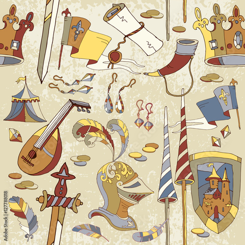 Medieval seamless pattern, castle, knight armor, medieval sword