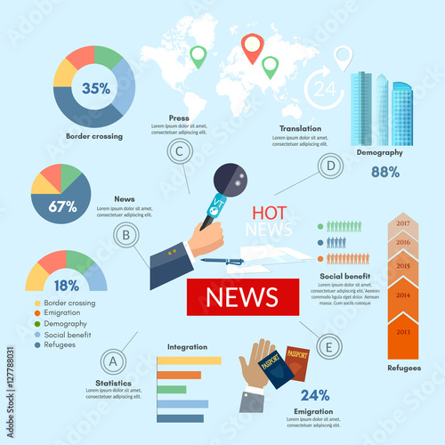 World news infographic hands of journalists with microphones.