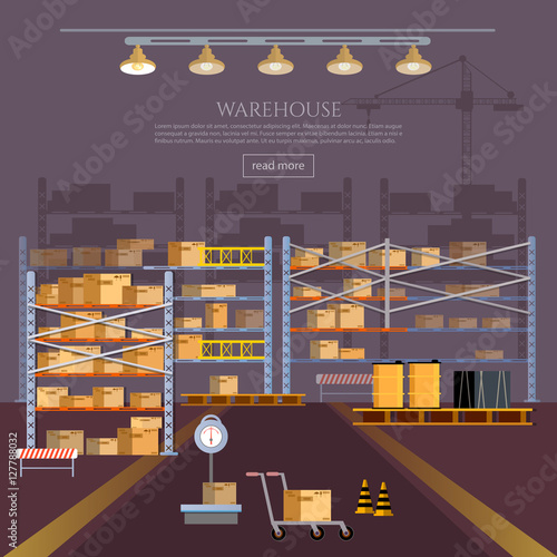 Warehouse interior box on rack and warehouse building. Logistics