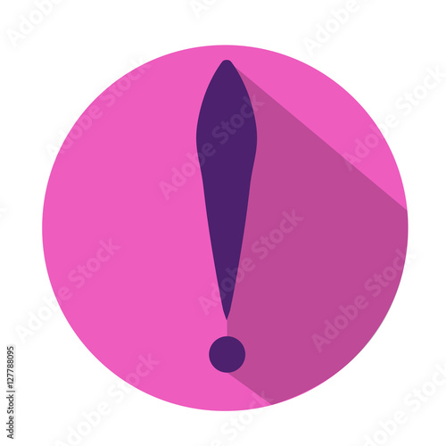Exclamation mark in hot pink circle with long shadow. Vector icon. Flat design style