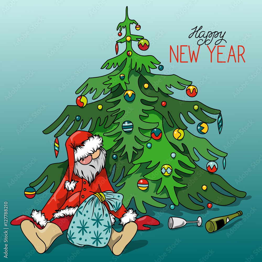 Cartoon Drunk Santa Claus with gifts under the Christmas tree, hand-drawn  vector illustration Stock Vector | Adobe Stock