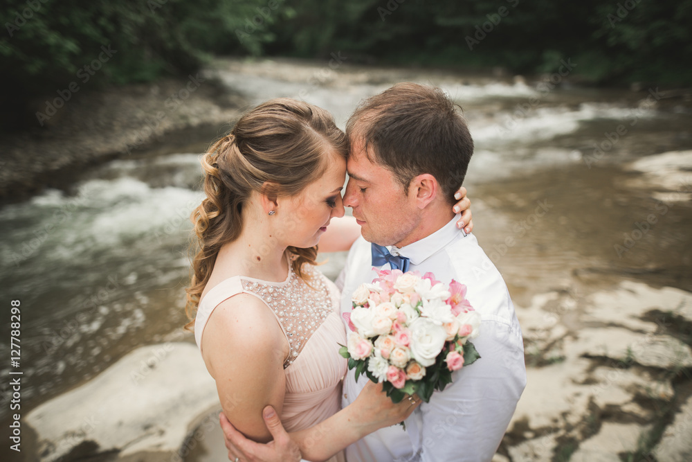Happy wedding couple hugging and smiling each other on the background lake, forest Happy wedding couple hugging and smiling each other on the background lake, forest