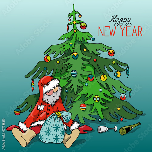 Cartoon Drunk Santa Claus with gifts under the Christmas tree, hand-drawn vector illustration