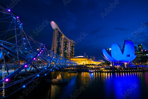 MARINA BAY, SINGAPORE - Aug. 18, 2013 : Helix Bridge with the Marina bay sands, Singapore travel landmark