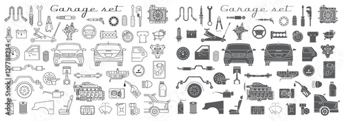 Garage. Vector car parts set outline details. Isolated