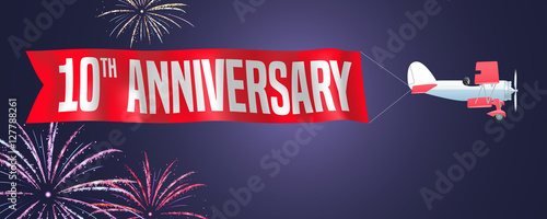 10 years anniversary vector illustration, banner, flyer, icon, symbol, sign. Design element with biplane and fireworks for 10th anniversary, birthday card