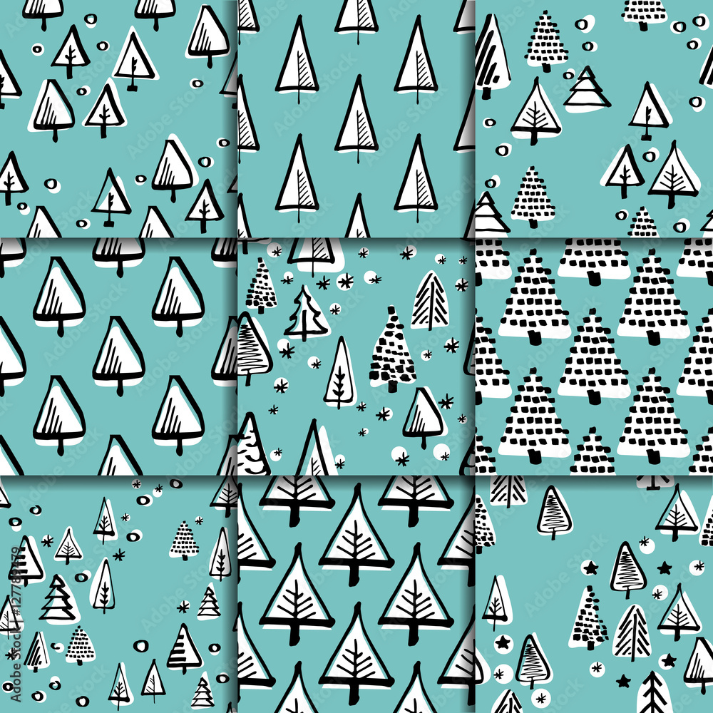 Obraz premium Set scandinavian seamless pattern of Christmas tree vector hand-drawing graphics.