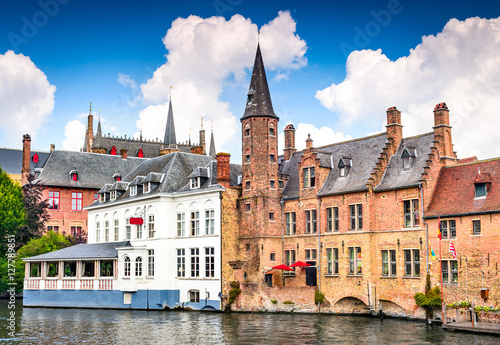 Bruges, Flanders, Belgium - Water canal with flemish houses. photo