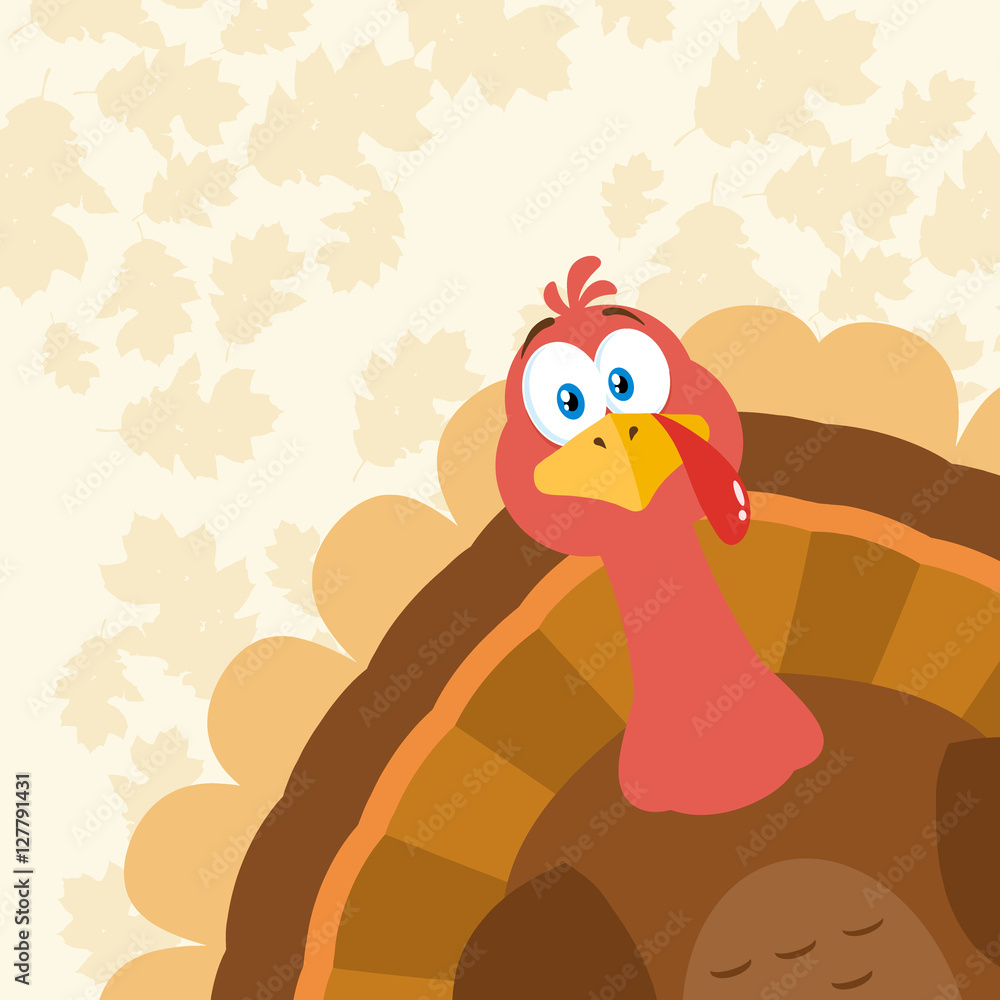 Thanksgiving Turkey Bird Cartoon Mascot Character Peeking From A Corner. Illustration Flat Design Over Background With Autumn Leaves