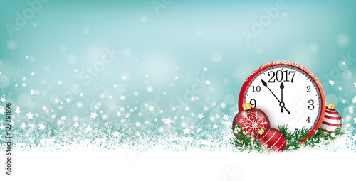 Cyan Christmas Card Header Snowflakes Clock 2017