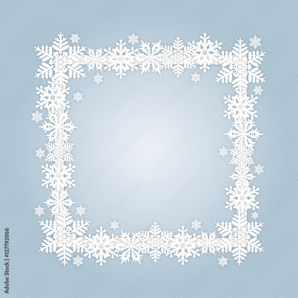 Fototapeta premium Snowflakes winter square frame with place for custom caption