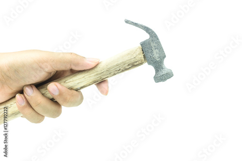 Male hand holding hammer isolated on white background