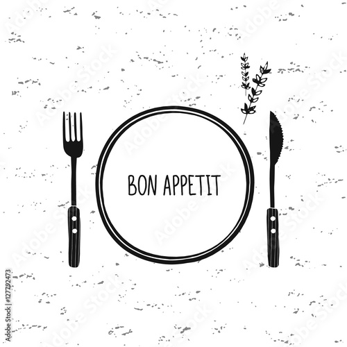 Cutlery vector set. Plate, fork and knife icon. Restaurant cafe design. Bon appetit. Doodle sketch tableware, dishes, dinnerware, utensils. Black and white hand drawn vector illustration. Isolated