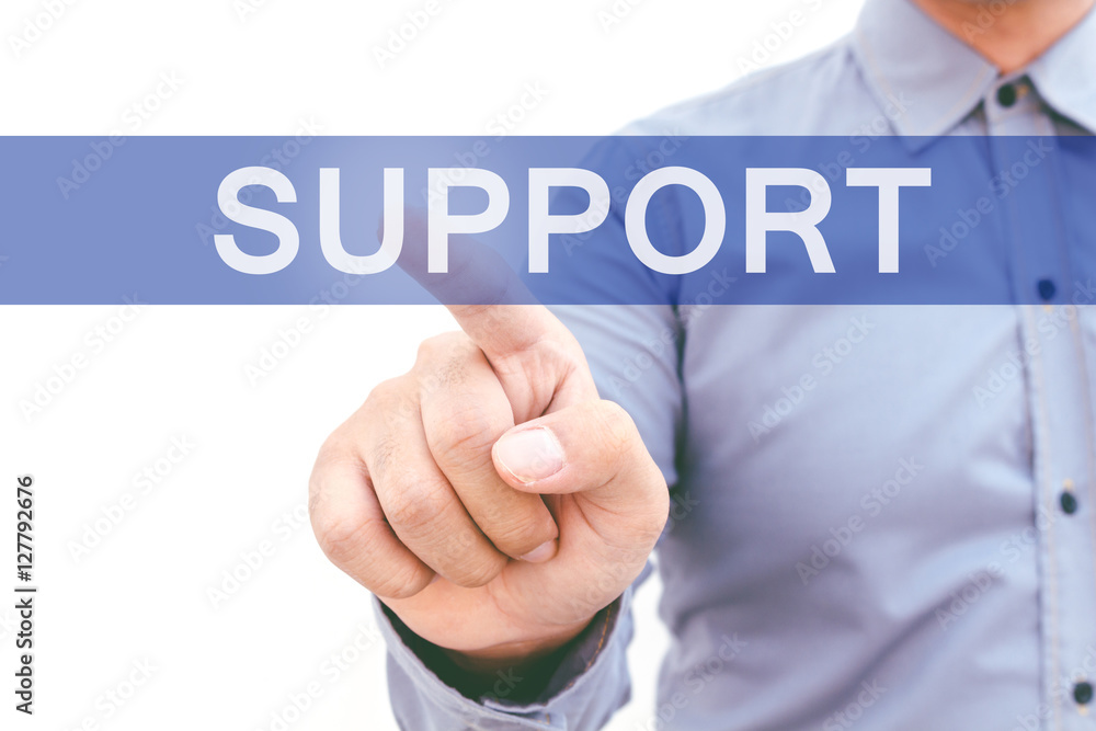 Businessman hand touching support on virtual screen Businessman hand touching support on virtual screen