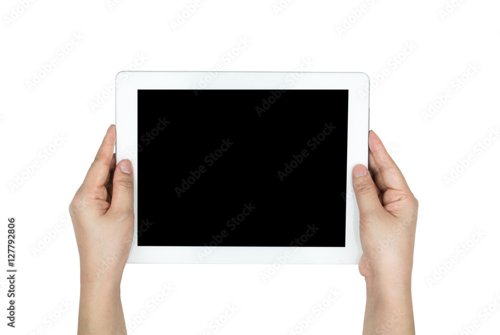 Hands using tablet pc with  screen isolated on white background