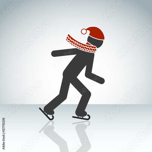 Stick man with red hat and scarf skates on the ice background