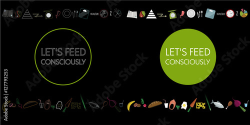 Flat food icons. Symbols on the black background and inscription