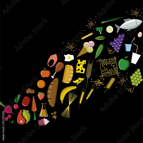  Flat food icons. Wave shape rainbow colors symbols on the black