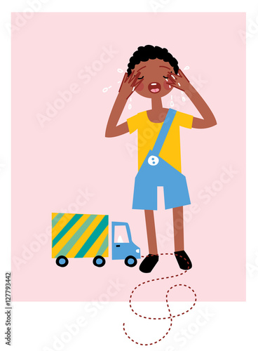 Crying black boy. Lorry toy. Vector