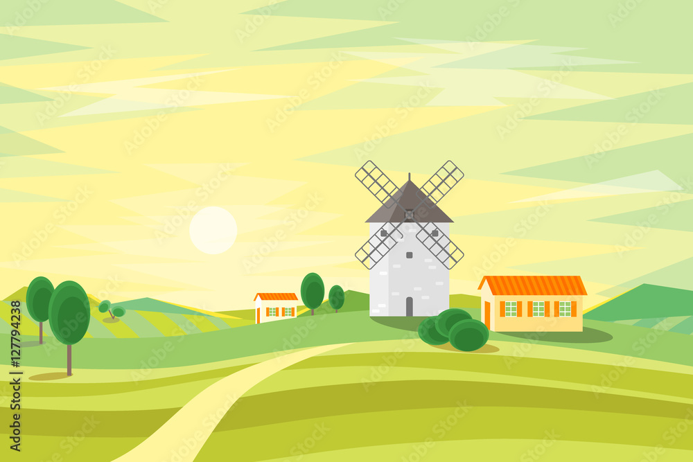 Landscape Rural with Traditional Old Windmill. Vector