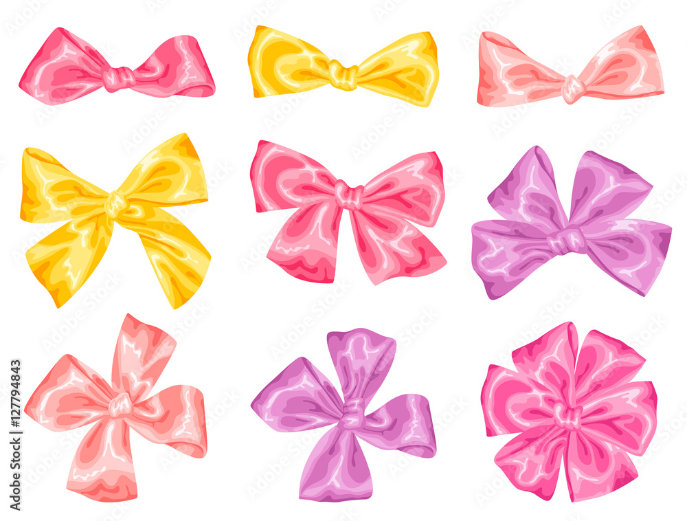 Set of decorative delicate satin gift bows and ribbons