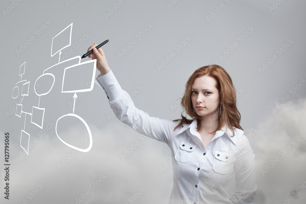 Woman drawing flowchart, business process concept