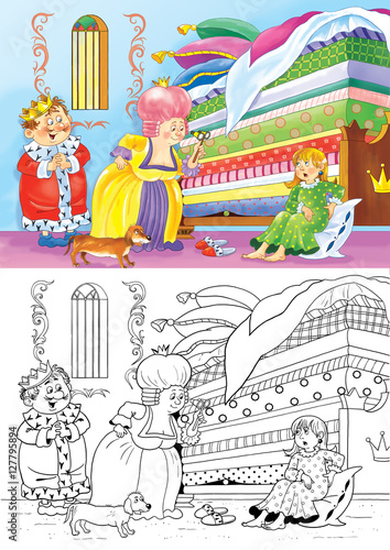 Princess and the pea. Fairy tale. The king, the queen and a young princess. Illustration for children