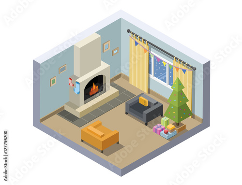 Vector isometric illustration of christmas eve room decoration.