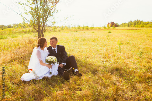 couple bride and groom on field background