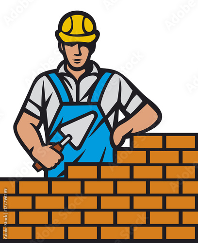mason with brick and trowel in hand (construction worker, bricklayer)