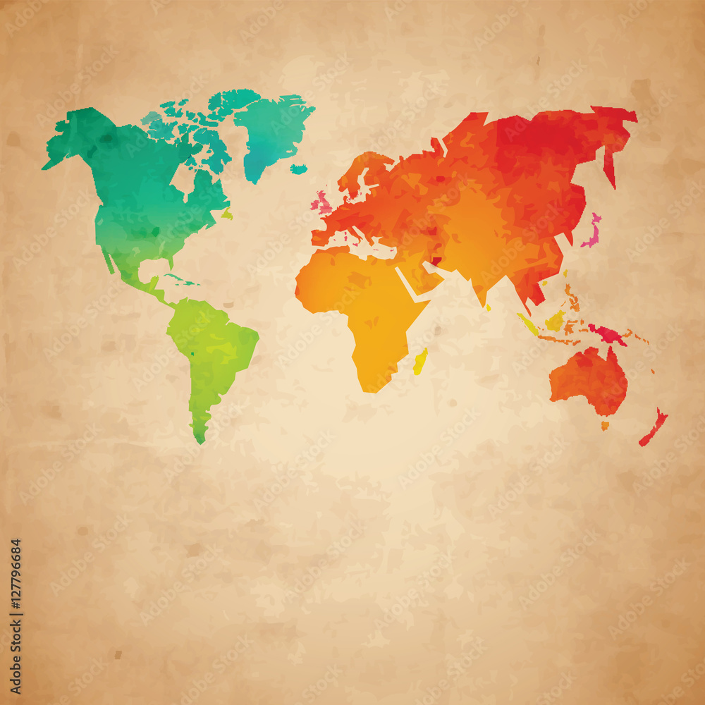 Vector world map on aged paper texture