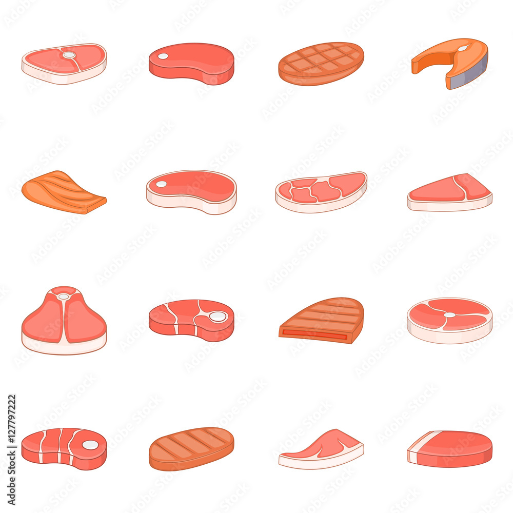 Steak icons set. Cartoon illustration of 16 steaks vector icons for web Steak icons set. Cartoon illustration of 16 steaks vector icons for web