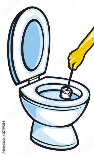hand in yellow rubber glove cleaning toilet bowl using brush