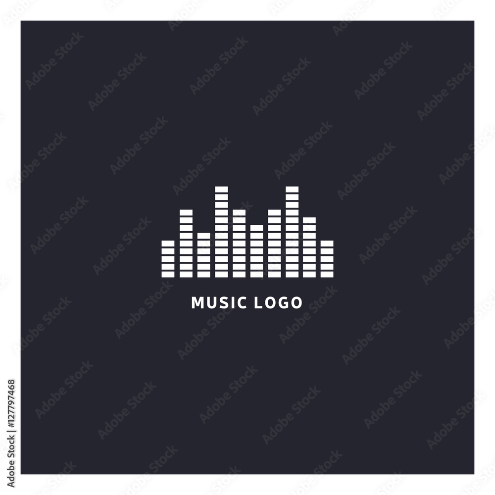 Music equalizer logo. Audio electronic icon. Music waves sign. Dj vector illustration. Black and white radio logo. Music app icon. Minimal player logo on dark background.