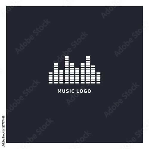 Music equalizer logo. Audio electronic icon. Music waves sign. Dj vector illustration. Black and white radio logo. Music app icon. Minimal player logo on dark background.