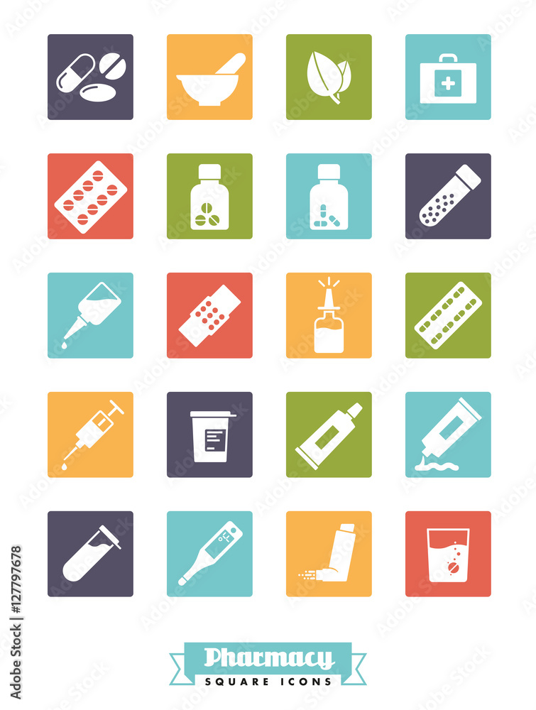Pharmacy and medicine square glyph icons vector set. Pharmacy and medicine square glyph icons vector set.