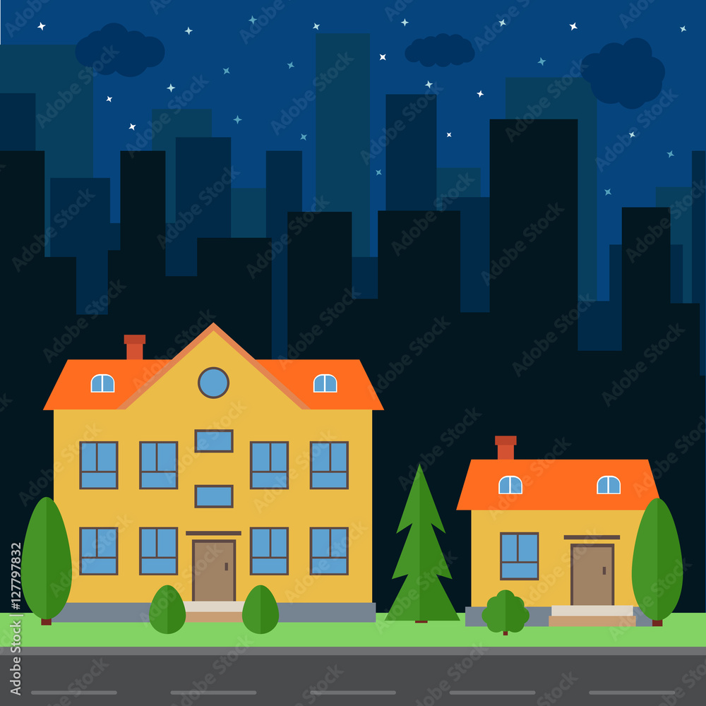 Vector night city with cartoon houses and buildings. City space with road on flat style background concept. Summer urban landscape. Street view with cityscape on a background

