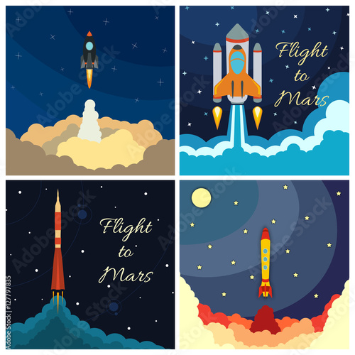 Set of space rocket launch. Vector illustration with flying rocket. Space travel. Project development. Creative idea.
