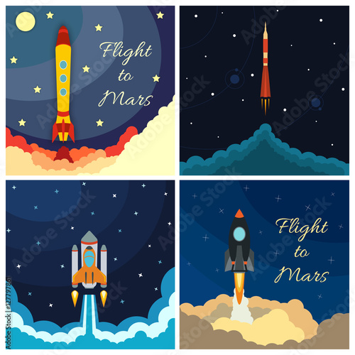 Set of space rocket launch. Vector illustration with flying rocket. Space travel. Project development. Creative idea.
