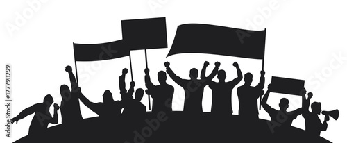 lots of furious people protesting (man holding flag or transparent, demonstrations)