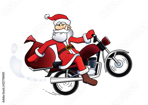 Santa bike holiday card. Happy Santa Claus on red motorbike template vector illustration. Decorative icon. Isolated abstract graphic design template. Paper decoration.