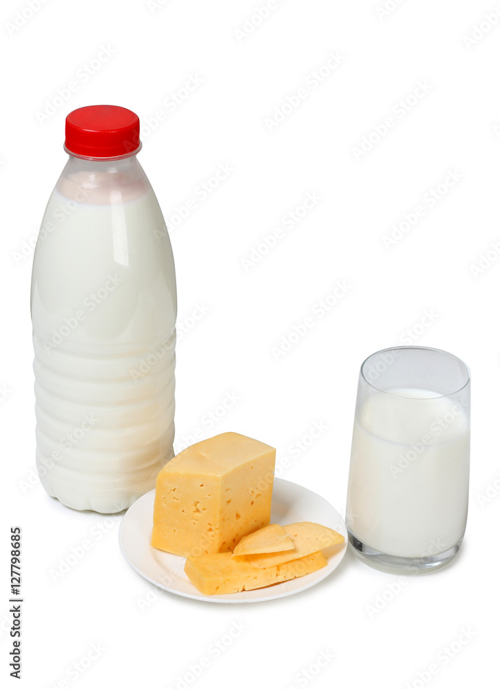 Cheese with milk in glass on white background Cheese with milk in glass on white background