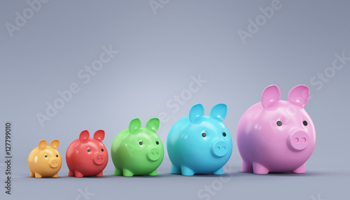 Multicolored piggy bank on a blue background. 3d render illustra