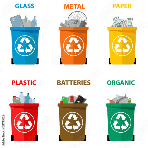 Different colored recycle waste bins vector illustration, Waste types segregation recycling vector illustration. Organic, batteries, metal plastic, paper, glass, e-waste, light bulbs.