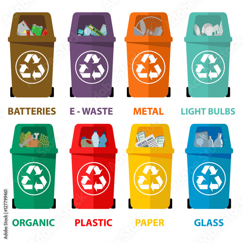 Different colored recycle waste bins vector illustration, Waste types segregation recycling vector illustration. Organic, batteries, metal plastic, paper, glass, e-waste, light bulbs.