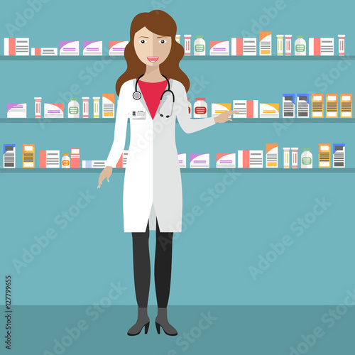 Modern flat vector illustration of a female pharmacist at the counter in a pharmacy opposite the shelves with medicines. Health care conceptual background