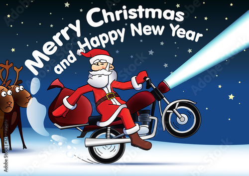 Santa bike new year card. Funny Santa Claus with Christmas gifts riding on a bike. New Year tree, forest background. Snowy blue backdrop. Abstract isolated graphic design template. Motorcycle and deer