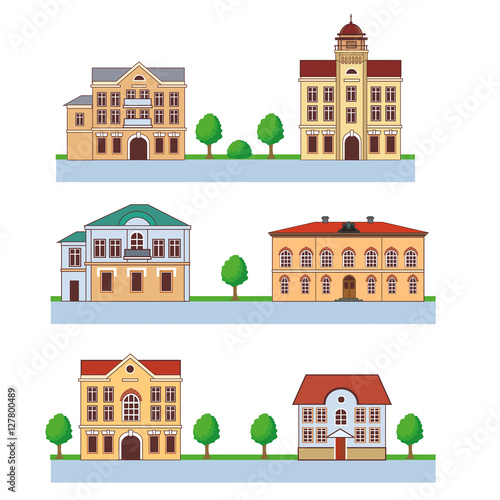 Fototapeta Naklejka Na Ścianę i Meble -  Town With Colorful Houses. Seamless Pattern. Vector Cartoon Illustration On A Green Background. Town And Country. Town Square. Flat Town.