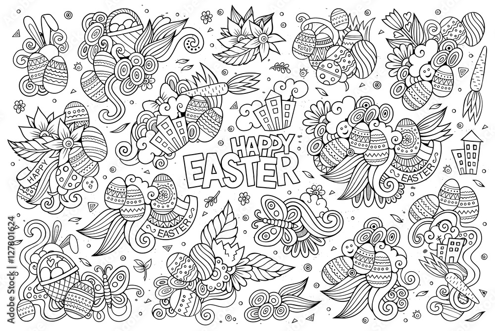 Sketchy vector hand drawn doodles cartoon set of Easter objects Sketchy vector hand drawn doodles cartoon set of Easter objects